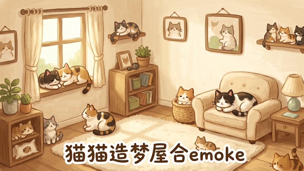 画面是一间布置温馨的猫咪主题房间,墙面为浅米色,地上铺着柔软的地毯,几只不同大小的猫咪角色分散在房间各处,有的趴在窗台有的蜷在沙发旁,窗外透进柔和的光线,整体风格为治愈系手绘插画,色调温暖,细节丰富但不杂乱,画质高清干净,画面下方用艺术字写着“猫猫造梦屋合emoke”