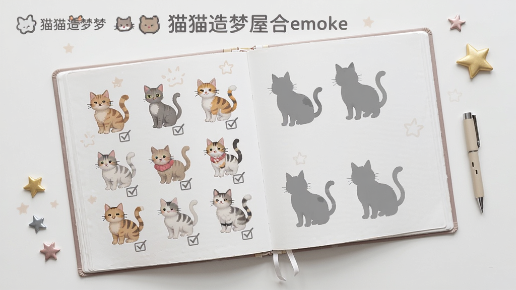 画面是一本展开的猫咪图鉴册子,左页画着已解锁的几种猫咪形态并配有勾选标记,右页是尚未解锁的灰色剪影轮廓,图鉴旁边放着一支小笔和几颗星星装饰,整体布局为俯视视角的桌面场景,风格清新素雅,画质清晰,图片上方用简洁字体标注“猫猫造梦屋合emoke”