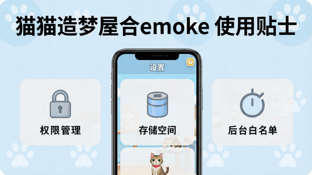 画面是一部手机屏幕显示猫咪合成游戏的设置界面,旁边用简洁的图标和文字标注“权限管理”“存储空间”“后台白名单”三个提示模块,整体布局为信息图风格,配色以浅蓝和浅灰为主,风格清爽简约,画质清晰干净,图片顶部用醒目字体写着“猫猫造梦屋合emoke 使用贴士”