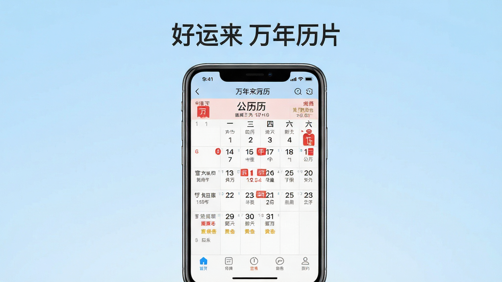 主体为一部智能手机居中放置,屏幕内展示好运来万年历应用的日历主界面,包含公历日期、农历信息与宜忌条目;布局采用上下分层结构,上方为软件名称文字标题,下方为手机与界面展示;排版简洁居中,风格为清爽扁平化科技风;细节包含日历网格、红色节假日标记、黄历宜忌小字、底部导航栏图标;画质高清干净,背景为纯色渐变浅蓝,无多余元素。