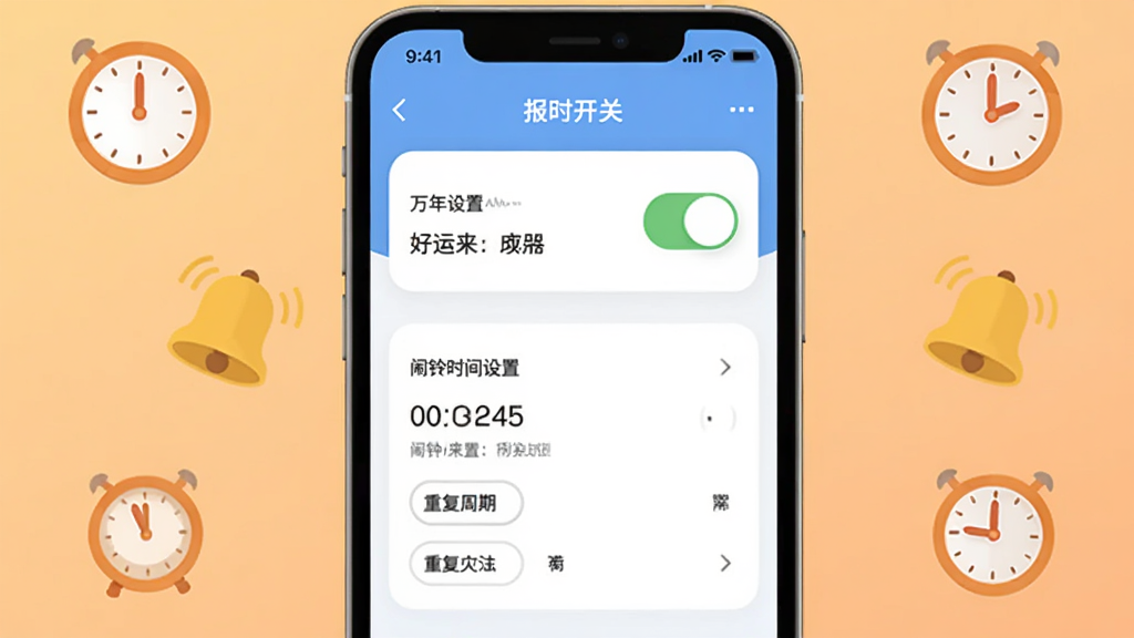 主体为好运来万年历应用的设置页面与闹钟图标组合画面,手机屏幕显示报时开关与闹铃时间设置项;布局为手机居中、周围环绕时钟与铃铛小图标;排版活泼有序,风格为轻拟物扁平风;细节包含开关按钮、时间数字、重复周期选项;画质清晰干净,背景为浅橙色渐变,无多余元素。