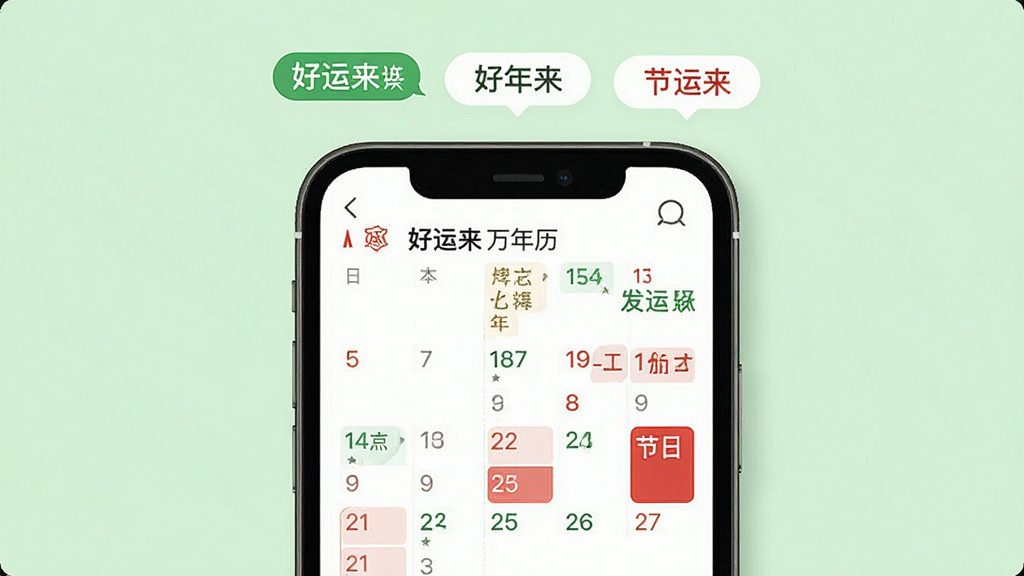 主体为好运来万年历应用内节气与节假日标注的日历画面,手机屏幕展示带有节气文字与节假日色块的月视图;布局为手机居中特写,上方漂浮节气文字标签;排版简洁,风格为清新浅色UI风;细节包含绿色节气标记、红色节假日色块、日期数字网格;画质高清干净,背景为浅绿色纯色,无多余元素。