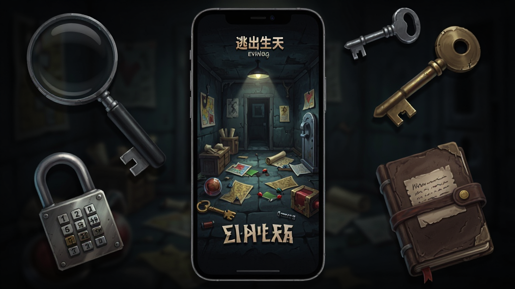 画面中央是一部竖屏手机,屏幕内展示逃出生天冒险游戏主界面,包含昏暗密室场景、散落的线索道具与解谜机关,手机两侧环绕放大镜、钥匙、密码锁、日记本等解谜元素,整体采用暗色调悬疑风格,布局居中对称,细节清晰,画质干净,无多余元素