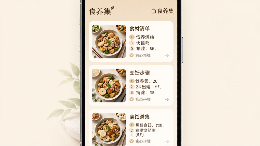 ��ʳ������ÿ��ʳ���Ƽ����棬��������Ϊ����ʳ�׿�Ƭ�������У�����Ϊ�ƶ�����Ϣ����ʽ�����Ϊ��ů��ɫ����ϸ�ڰ�����Ʒʾ��ͼ��ʳ���嵥�̾䡢��⿲����ź͡�ʳ���������ֱ�ʶ�������������ɾ����࣬�޶���Ԫ��