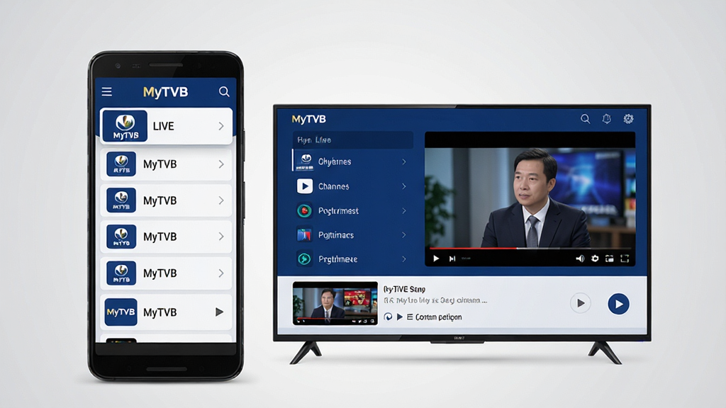 一张展示MyTVB软件主界面的产品示意图,画面中央放置一台竖屏安卓手机与一台横屏电视,两台设备屏幕内均显示MyTVB的频道分类列表与直播播放画面,界面以深蓝与白色为主色调,布局干净整齐,风格现代简约科技感,细节包含频道图标、节目单条、播放按钮等元素,画质清晰锐利,背景为浅灰色渐变,无多余装饰元素