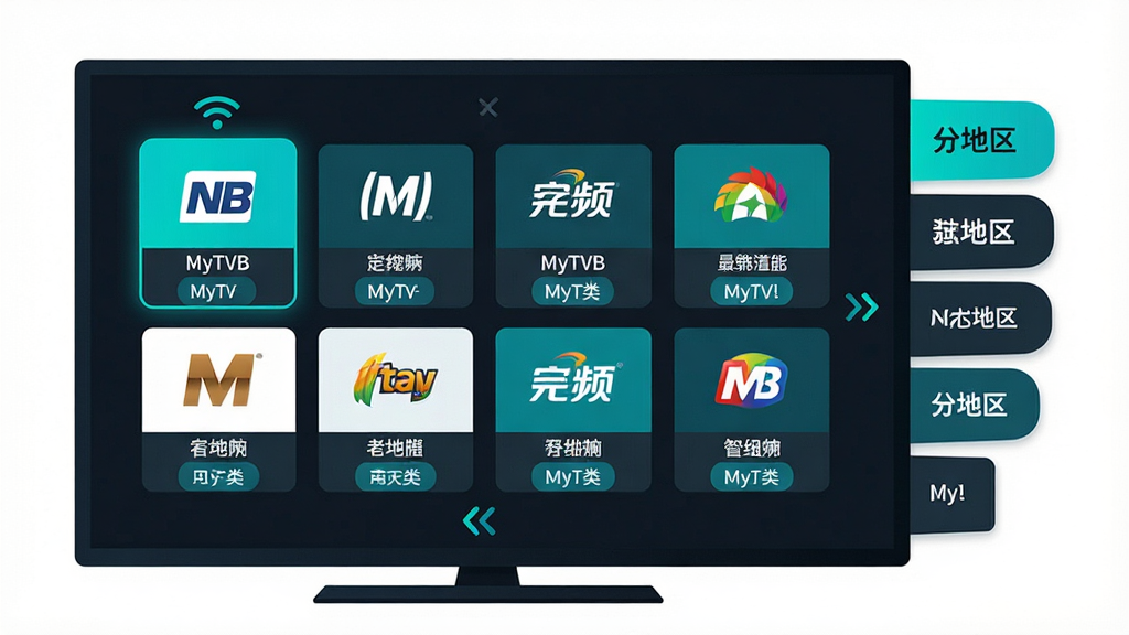 一张表现MyTVB频道聚合功能的示意图,画面主体为一块悬浮的电视屏幕,屏幕内以网格形式排列多个频道台标卡片,卡片下方标注频道名称与分类标签,屏幕右侧延伸出分地区的标签页签,整体采用深色背景搭配高亮蓝绿色强调色,风格扁平化信息图表感,细节包含信号波纹图标与切换箭头,画质清晰,画面干净无杂乱元素