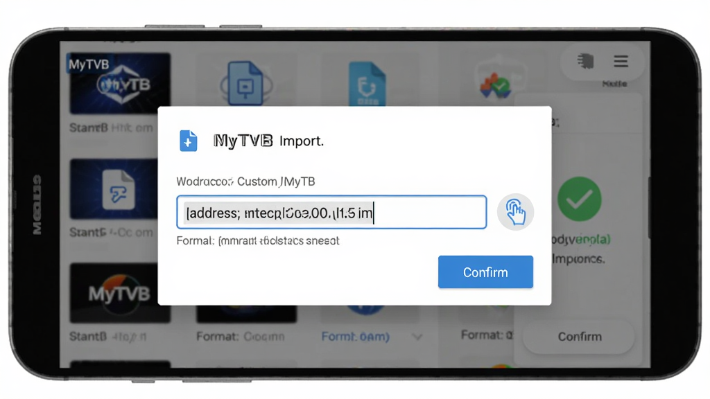 一张展示MyTVB自定义源导入界面的示意图,画面为一部横放的安卓手机,屏幕内显示导入对话框与地址输入框,输入框旁有粘贴按钮与确认按钮,背景中隐约可见频道列表与成功导入后的绿色对勾标记,风格清爽的移动应用界面展示,主色调为白色与蓝色,细节包含文件图标与格式提示文字,画质干净清晰