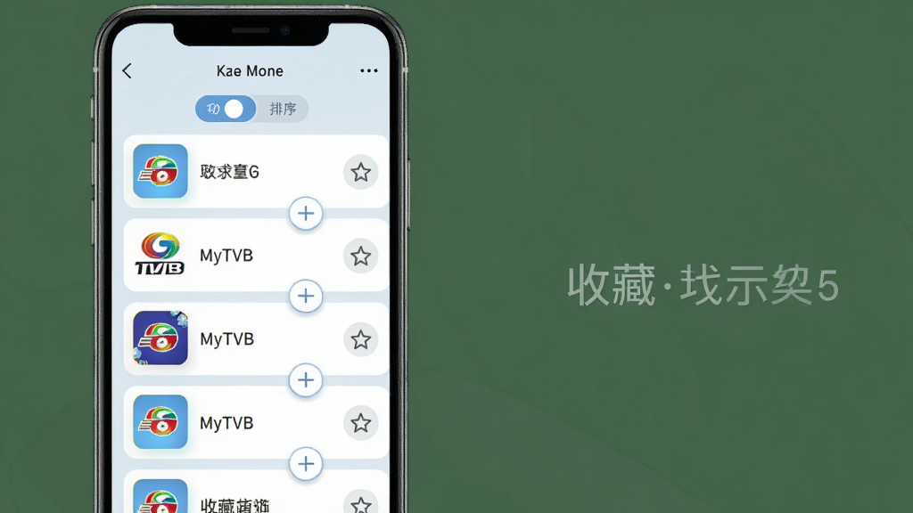一张展示MyTVB收藏功能的示意图,画面为一部竖屏手机,屏幕内显示收藏频道列表界面,每个频道条目左侧有台标图标,右侧有星标收藏按钮,顶部有排序切换标签,整体风格为柔和的浅色卡片式设计,主色调为白色与淡蓝色,细节包含拖拽排序手柄与收藏星标,画质清晰干净