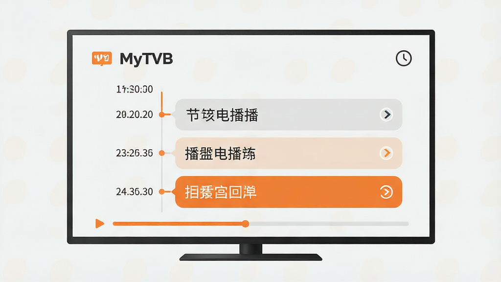 一张表现MyTVB节目单与回看功能的示意图,画面中心为一块电视屏幕,屏幕内显示时间轴式的节目单列表,每个节目条目带有时间标注与节目名称,已播节目条目旁有回看箭头图标,整体采用浅色背景与橙色高亮强调,风格简洁的信息可视化设计,细节包含时钟图标与播放进度条,画质清晰,构图干净