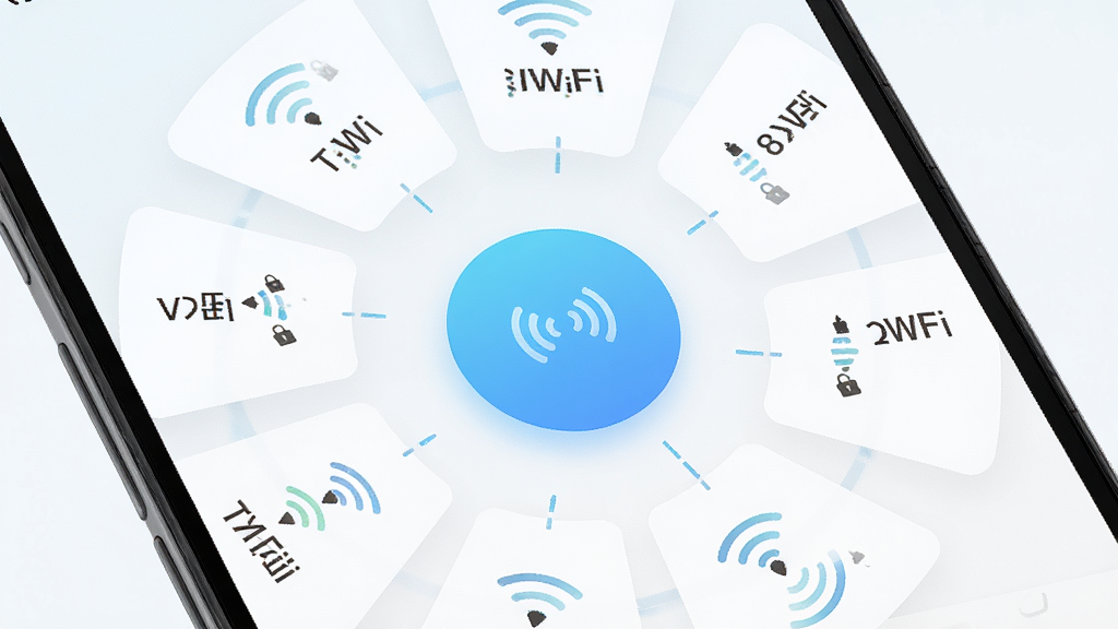 画面主体为安卓手机屏幕特写,界面展示“顺连WiFi”的一键连接功能,中央为一个醒目的圆形连接按钮,四周分布可用WiFi名称卡片,布局为环形放射式,排版层次分明,风格为清新浅色科技风,细节包括信号格图标、锁形标识、加载动画线条,画质高清,干净,无多余元素