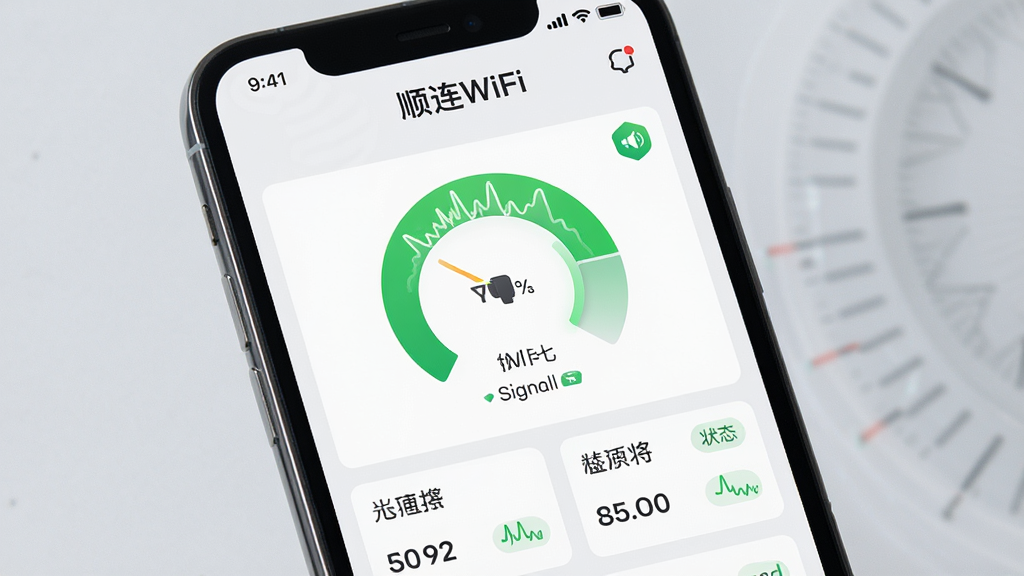 画面主体为手机界面中的网络检测仪表盘,顶部标注“顺连WiFi”品牌字样,中央为环形信号质量指示图与数据面板,布局为上下分区结构,排版规整有序,风格为简约商务科技风,细节包括绿色信号波形、数值标签、状态徽章,画质高清,干净,无多余元素