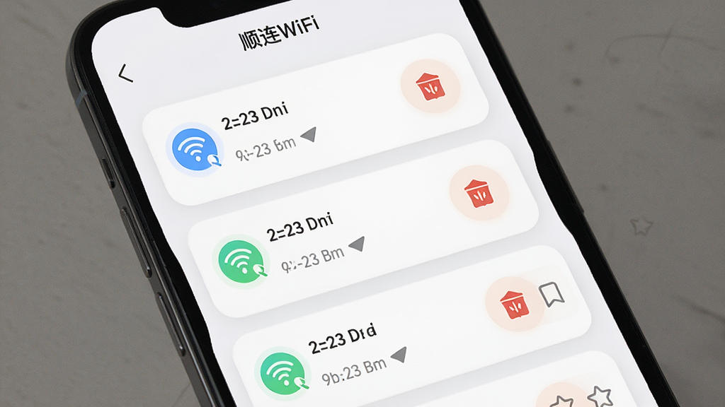 画面主体为手机屏幕中的连接记录列表页,顶部显示“顺连WiFi”标题栏,列表中排列多条WiFi记录卡片,布局为纵向列表式,排版疏密得当,风格为柔和圆角卡片风,细节包括时间戳、信号图标、删除与收藏按钮,画质高清,干净,无多余元素
