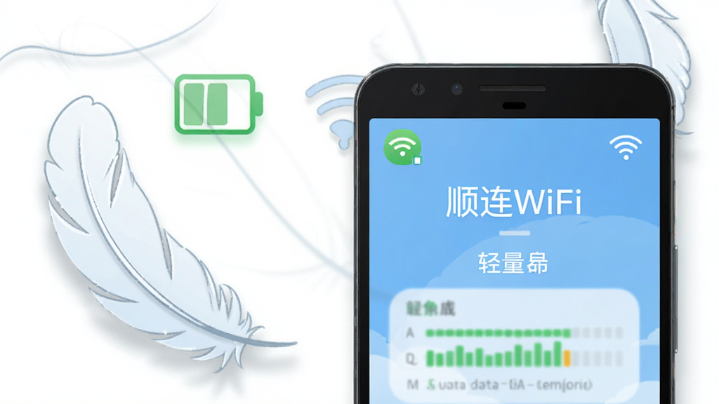 画面主体为一部安卓手机与轻盈的羽毛、电量图标组合,手机屏幕上显示“顺连WiFi”界面,布局为左右平衡构图,排版简洁明快,风格为清爽素雅插画风,细节包括绿色节能标识、轻量数据条、柔和阴影,画质高清,干净,无多余元素