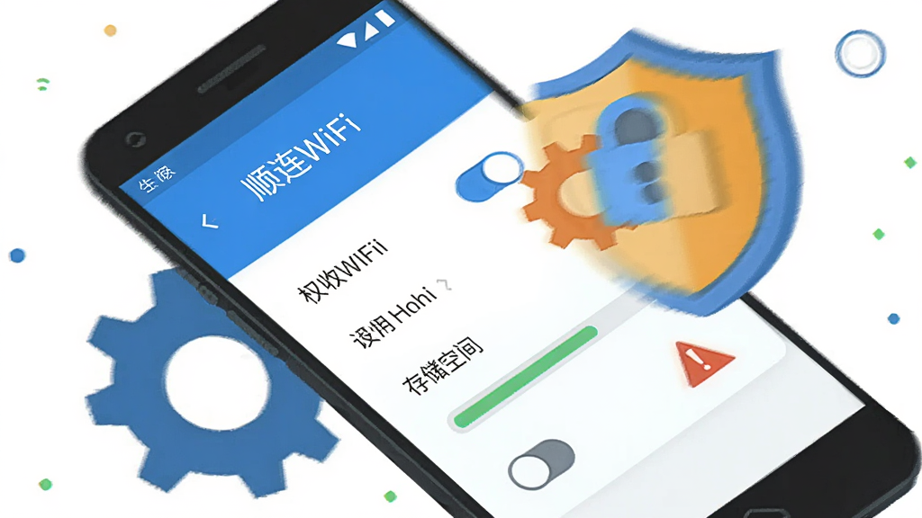 画面主体为安卓手机与安全盾牌、齿轮图标组合,手机屏幕显示“顺连WiFi”设置页面,布局为斜向动感构图,排版错落有致,风格为扁平化提示插画风,细节包括权限开关、存储空间条、警示三角标识,画质高清,干净,无多余元素