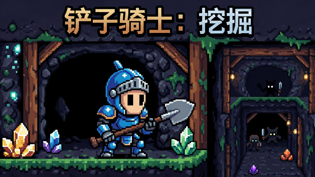 画面主体是一位身穿蓝色盔甲的像素风铲子骑士,手持铁铲站在幽暗的地下矿洞入口处,周围散布着发光的矿石与木质支撑架;布局上骑士位于画面中央偏左,右侧延伸出层层向下的矿道;排版采用横版游戏封面构图,上方留出标题区域;风格为复古像素艺术,色彩鲜明对比强烈;细节包括骑士盔甲上的金属反光、矿洞壁上的苔藓、远处隐约可见的敌人剪影;画质清晰锐利,画面干净无多余元素,整体呈现“铲子骑士:挖掘”的游戏冒险氛围