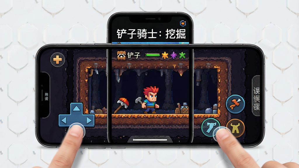 手机屏幕展示像素风游戏操作界面,画面主体是横版矿洞场景与虚拟按键布局,左侧方向键右侧攻击跳跃键;布局为手机正面竖屏展示游戏画面;排版突出触屏操作指引;风格为科技产品展示风格,背景简洁;细节包括手指点击按键的动作、屏幕边缘的防误触提示;画质清晰干净,无多余元素,画面中带有“铲子骑士:挖掘”文字