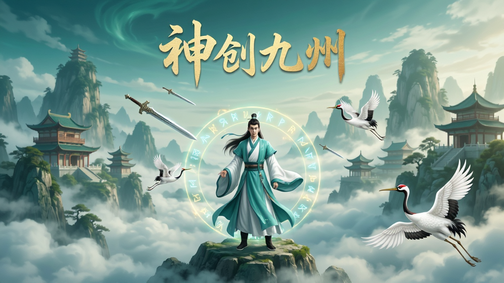 画面主体为一位身着青白汉服的修仙者立于云海山巅,背景是层叠的仙山楼阁与飘渺云雾,布局采用居中构图,上方留白处用金色书法字体书写“神创九州”,排版为竖版海报风格,整体色调以青绿与淡金为主,细节包含飞剑悬浮、灵鹤盘旋、符文光晕,画质高清,画面干净,无多余元素