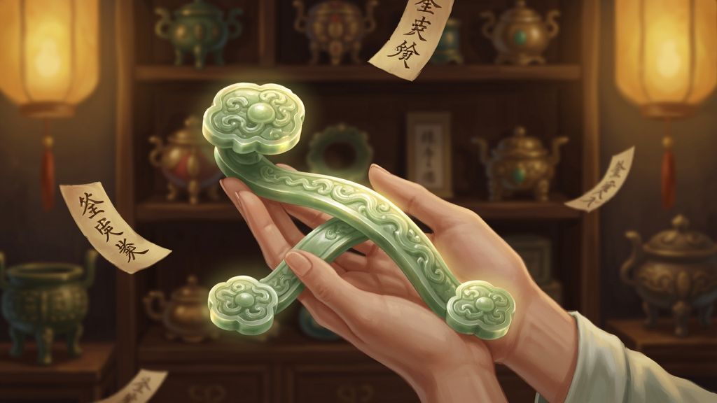 画面主体为一双修长的手捧着一件散发微光的古玉如意,背景是摆满古董珍宝的木架与暖黄灯笼,布局为手部特写居中、珍宝架虚化在后,排版采用景深层次构图,风格为国风写实插画,细节包含玉器上的纹路光效、飘落的鉴定符纸,画质细腻,画面干净,无多余元素