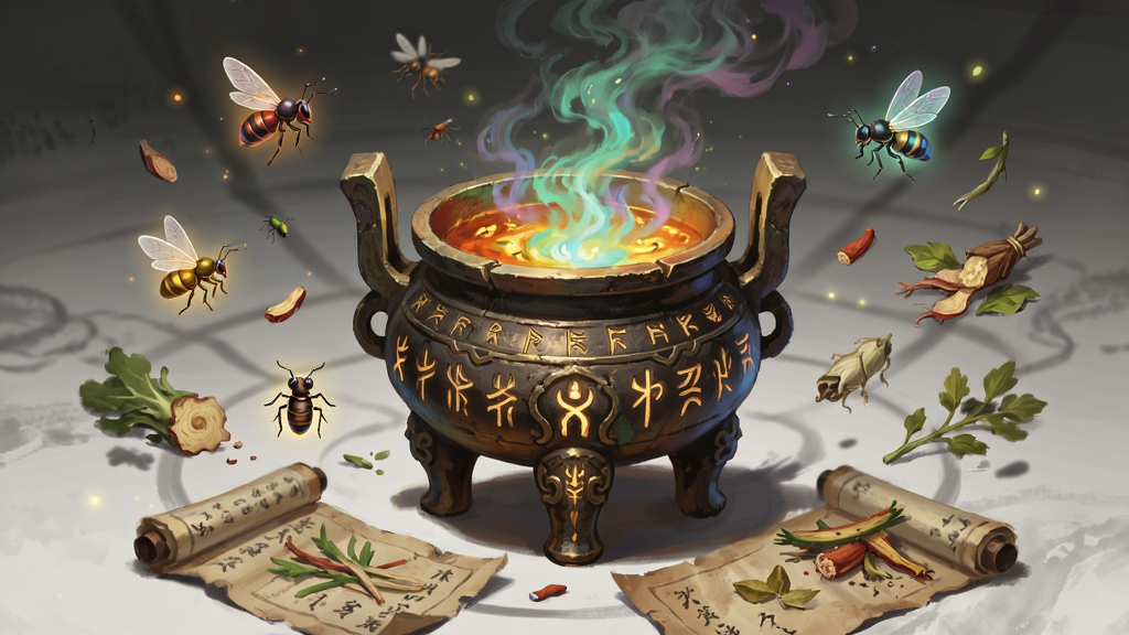画面主体为一个古朴的炼蛊鼎炉,鼎身刻有繁复的符文,周围漂浮着发光的灵虫与草药材料,布局为鼎炉居中、材料环绕,排版采用圆形放射状构图,风格为国风奇幻插画,细节包含鼎口升腾的彩色烟雾、地面散落的配方卷轴,画质精致,画面干净,无多余元素