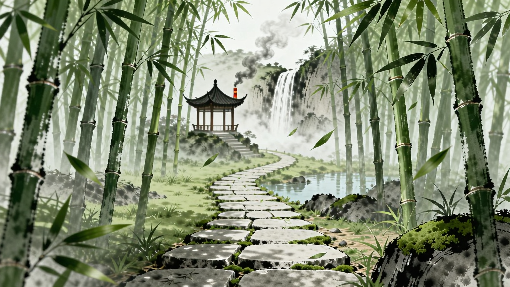 画面主体为一条竹林深处的石板小径,两侧翠竹掩映,远处有亭台与飞瀑,布局为小径延伸至画面深处形成引导线,排版采用纵深感构图,风格为国风水墨渲染,细节包含竹叶飘落、石阶青苔、远处炊烟,画质清雅,画面干净,无多余元素