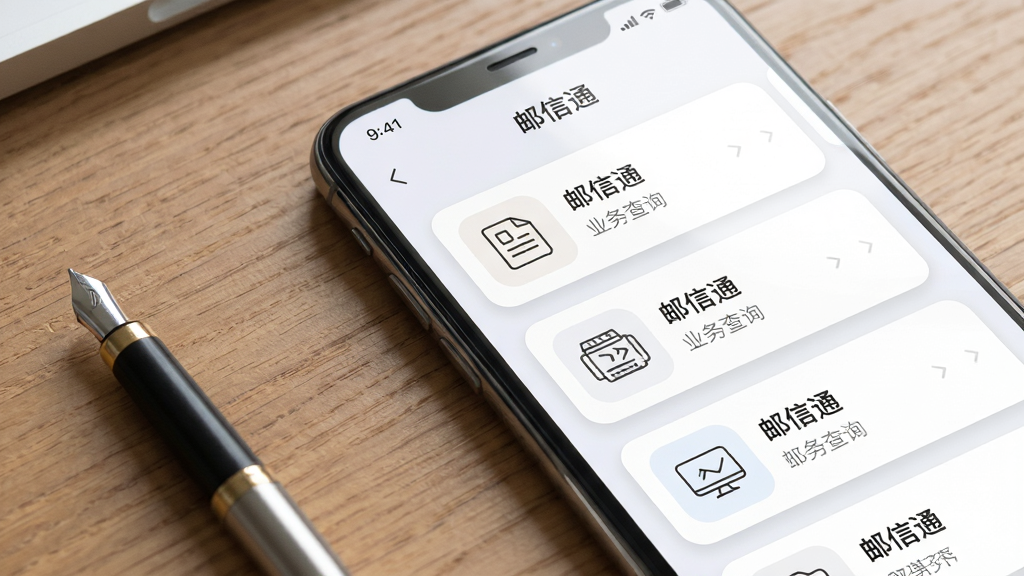画面主体为一部手机斜放在木质桌面上,屏幕显示“邮信通”应用内的业务查询结果列表页面,列表项为圆角卡片式设计,每张卡片左侧配有简洁线条图标,右侧为文字信息;布局为手机占画面右侧三分之二,左侧留出桌面与一支笔作为点缀;排版疏密有致,卡片间距均匀;风格为清新浅色系UI展示风格;细节上屏幕带有柔和高光,卡片阴影轻盈;画质高清干净,无多余元素