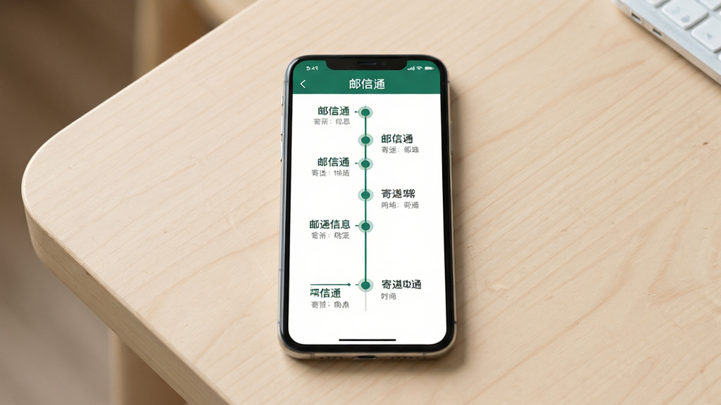 画面主体为一部手机平放在浅色桌面上,屏幕展示“邮信通”应用内的寄递信息时间轴页面,时间轴自上而下排列,节点圆点与连线清晰可见,顶部有“邮信通”字样;布局为手机居中,背景简洁;排版以时间轴为视觉引导线,信息左右错落分布;风格为简约商务风UI展示;细节上时间轴节点使用邮政绿点缀,文字层级分明;画质清晰干净,无多余元素