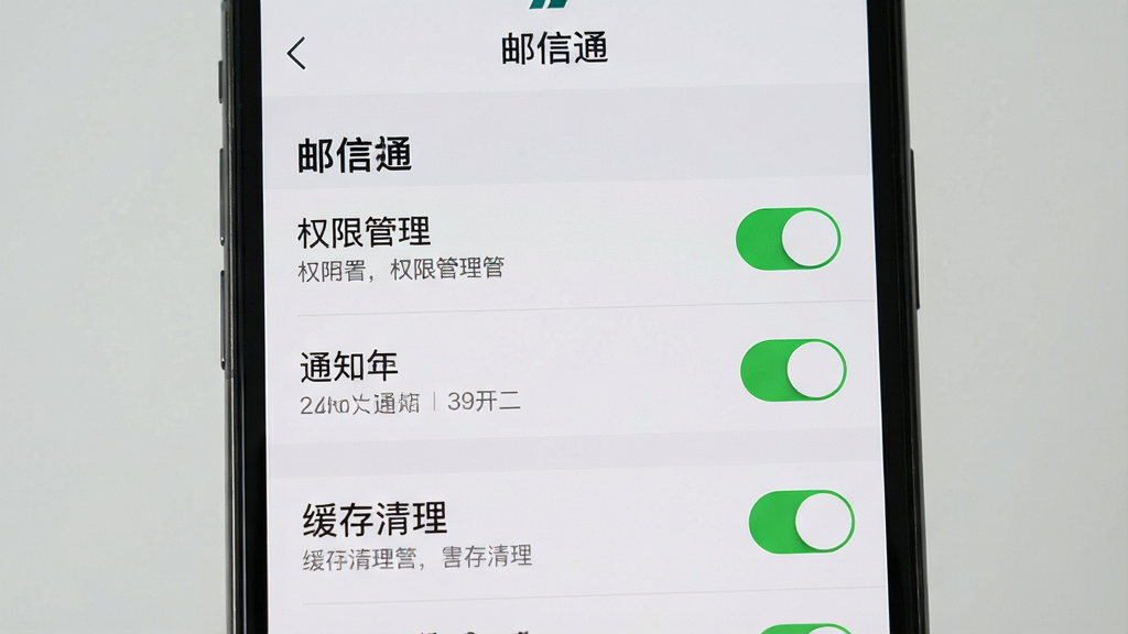 画面主体为一部手机屏幕展示“邮信通”应用设置页面,页面中包含权限管理、通知开关、缓存清理等条目,条目以列表形式呈现;布局为手机居中竖屏,屏幕内容占据画面主要区域;排版条目间距宽松,分组标题加粗;风格为浅灰质感极简UI风格;细节上开关控件为邮政绿高亮状态,列表分隔线纤细;画质清晰干净,无多余元素