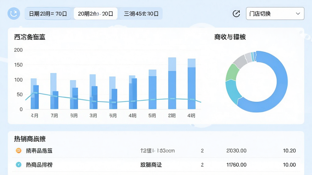�����̼Ҷ����ݿ�����棬������չʾ��״ͼ�뻷��ͼ��ϵ�Ӫ��ͳ��ģ�飬�Ϸ�Ϊ�����л���ǩ���·�Ϊ������Ʒ���а��б���������Ϊ��ˬ��ǳ��ɫ������磬ϸ�ڰ�������ˢ��ͼ�����ŵ��л������򣬻����������ɾ����޶���Ԫ��