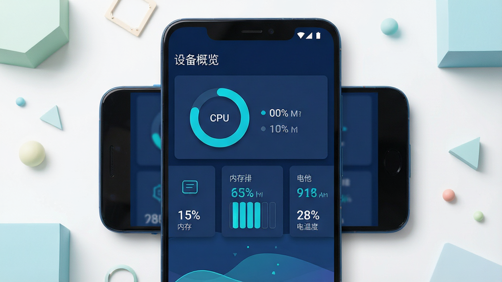 һ����׿�ֻ�ƽ���������ϣ���Ļ��ʾ MateDroid �豸״̬�Ǳ��̣����� CPU ռ�û���ͼ���ڴ���״ͼ������¶���ֵ������λ�ڻ������룬��Χ��ǳɫ����ͼ�ε�׺������Ϊ���·ֲ㣬�Ϸ����⡰�豸���������·��������ݿ�Ƭ���ţ����Ϊ����Ǳ��̷����������ɫ���䣻ϸ����ϸ����ͼ�ꡢ�ٷֱ����֡�ϸ΢��Ӱ�������������ɾ�������Ԫ��