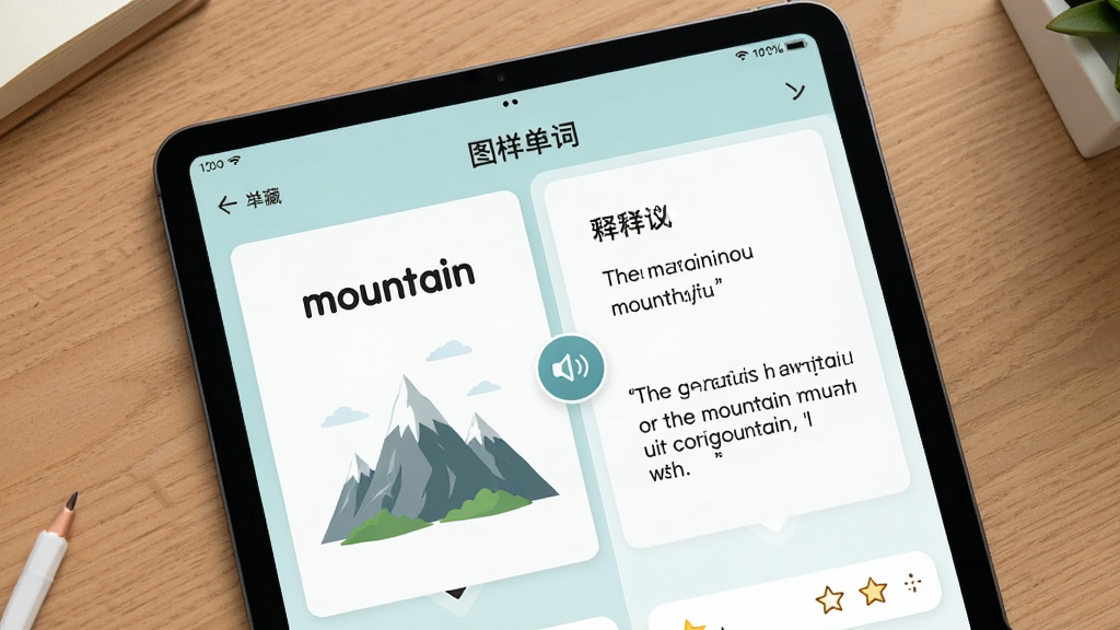 主体为一块竖版学习平板,屏幕显示“图样单词”的图像联想卡片,左侧是单词“mountain”与山峰插画,右侧是释义和例句;布局为左右分栏,平板斜放在木质书桌上;排版清晰留白充足;风格为现代教育类UI展示图,色调清新自然;细节包含卡片翻转箭头、发音喇叭图标、收藏星标;画质高清,干净,无多余元素