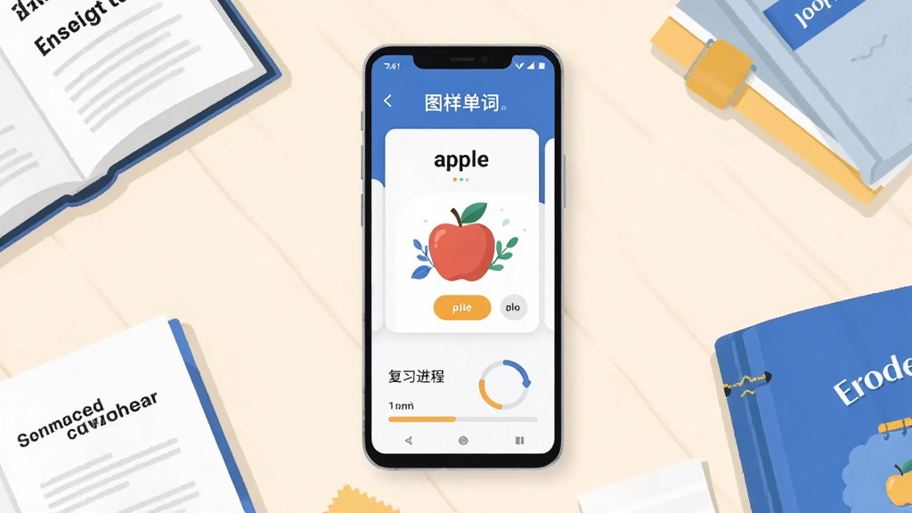 主体为一部竖屏安卓手机,屏幕中央展示“图样单词”APP界面,画面由单词卡片、配图插画和进度条组成;布局采用居中构图,手机置于浅色桌面,周围散落几本英语书和便签;排版简洁,视觉焦点集中在手机屏幕;风格为清爽扁平化插画,色调以蓝白为主点缀橙黄;细节包含单词“apple”配苹果插画、发音按钮、复习进度环;画质高清,干净,无多余元素