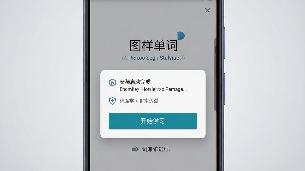 主体为一部安卓手机屏幕特写,显示“图样单词”安装完成后的首次启动引导页,有权限请求弹窗和词库选择按钮;布局为手机正面居中,背景为浅灰渐变;排版突出弹窗与按钮;风格为简洁产品截图风,色调冷静;细节包含存储权限图标、开始学习按钮、进度提示;画质高清,干净,无多余元素
