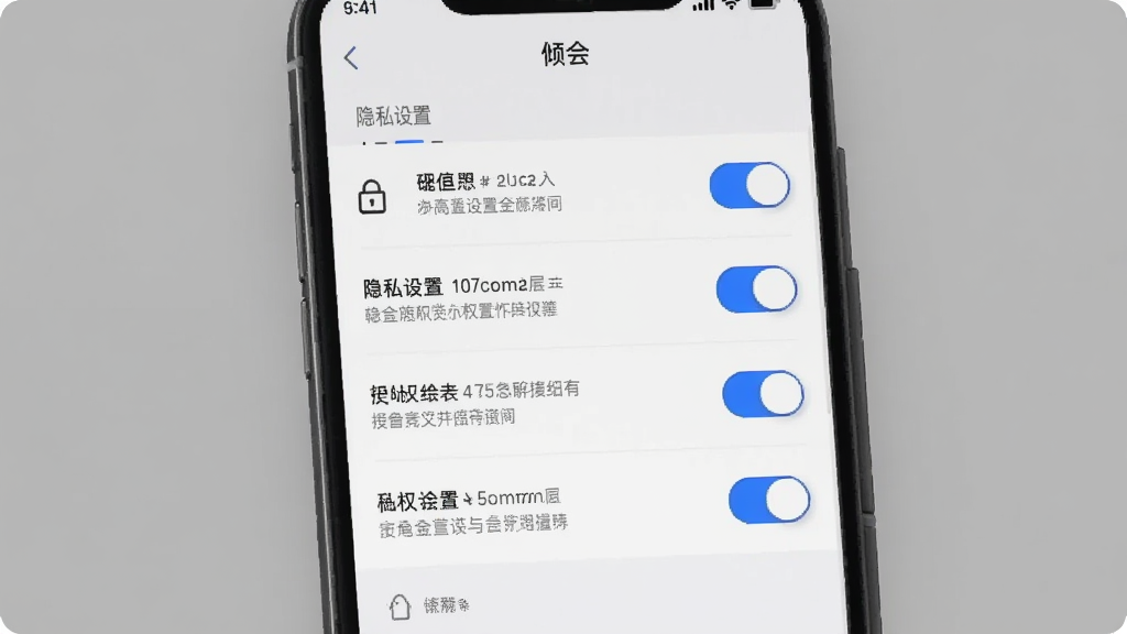 主体为手机屏幕显示“倾会”隐私设置页面,页面中有多个开关按钮和权限说明文字,布局为纵向列表,排版为手机界面截图风格,风格为简洁商务,细节包括灰色背景、蓝色开关、锁形图标,画质清晰,干净,无多余元素