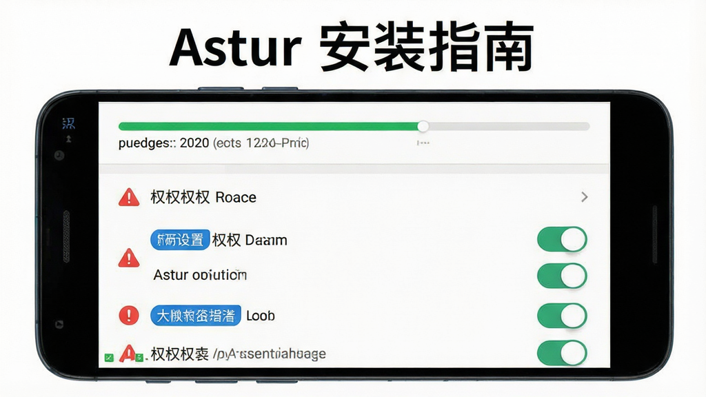 主体为安卓手机屏幕展示Astur权限设置与安装界面,布局采用上下分层,上方为安装进度条下方为权限开关列表,排版清晰有序,风格为扁平化UI设计,细节包含红色警示标识、蓝色提示标签和灰色说明文字,画质高清、干净、无多余元素,画面中文字标注“Astur 安装指南”