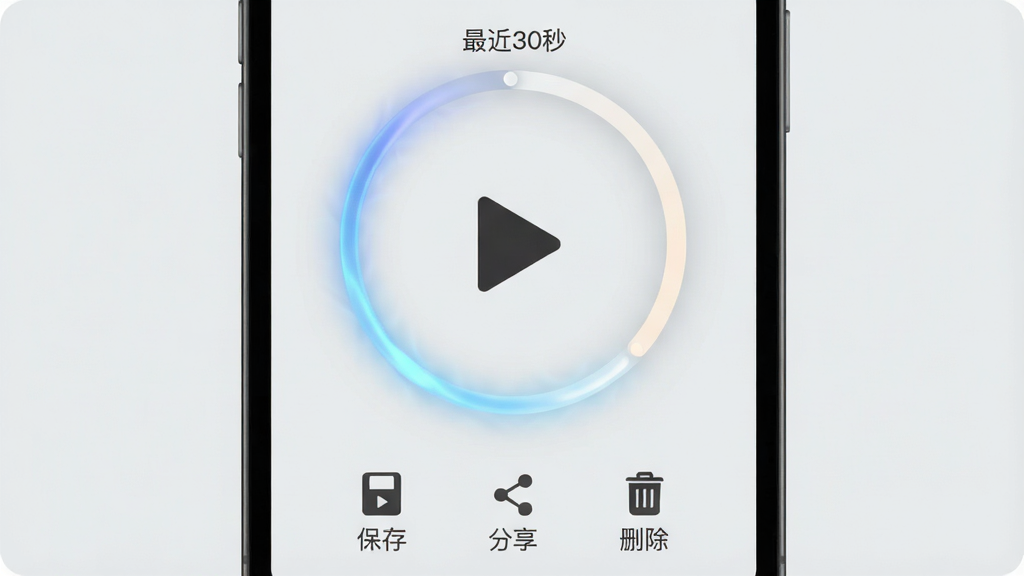 手机屏幕界面展示一个环形缓存进度条,进度条上标注“最近30秒”字样,环形中央是一个大大的回放箭头图标,下方并列三个小图标分别为“保存”“分享”“删除”,背景为浅灰色简洁布局,风格扁平化设计,细节上进度条带有微光流动效果,画质干净清晰,无杂乱装饰