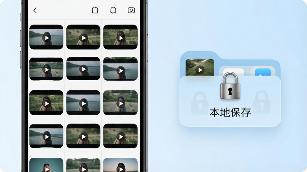 画面左侧一部手机屏幕显示相册网格中排列着多个视频缩略图,右侧一个带锁形图标的文件夹悬浮,文件夹上标注“本地保存”字样,背景为柔和浅蓝色渐变,风格清新简约,细节上文件夹锁扣带有金属光泽,缩略图边角圆润,画质细腻干净,布局左右平衡