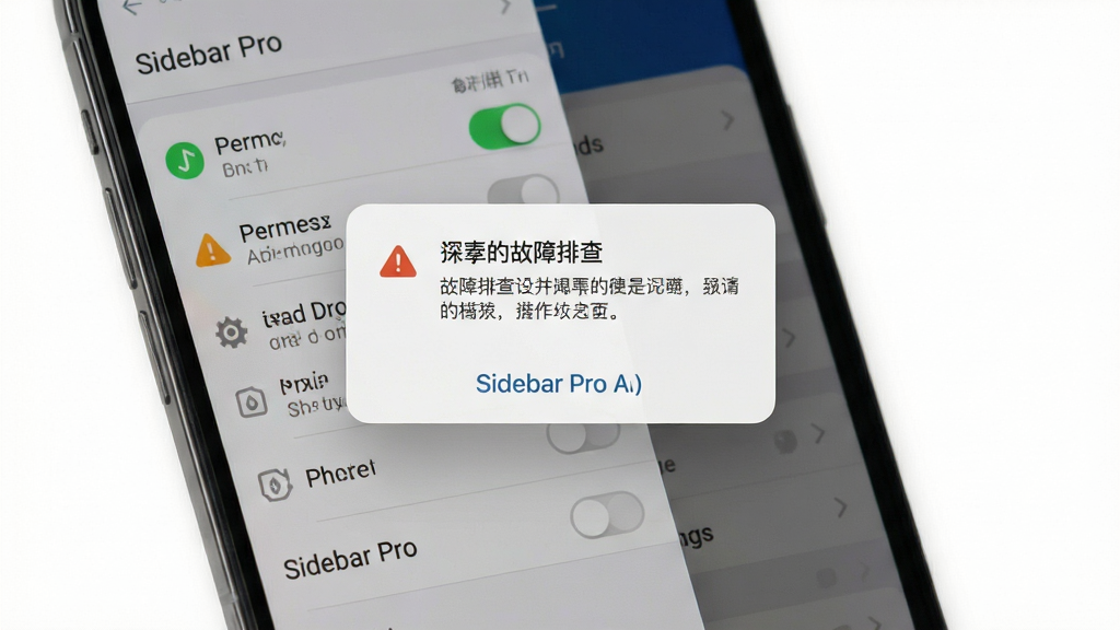 主体为手机屏幕显示侧边栏权限设置页与故障排查提示弹窗;布局为设置列表加居中弹窗;排版清晰分区;风格为浅灰质感实用风;细节包括权限开关、警告图标、说明文字;画质清晰、画面干净、无多余元素,图中标注文字“Sidebar Pro”