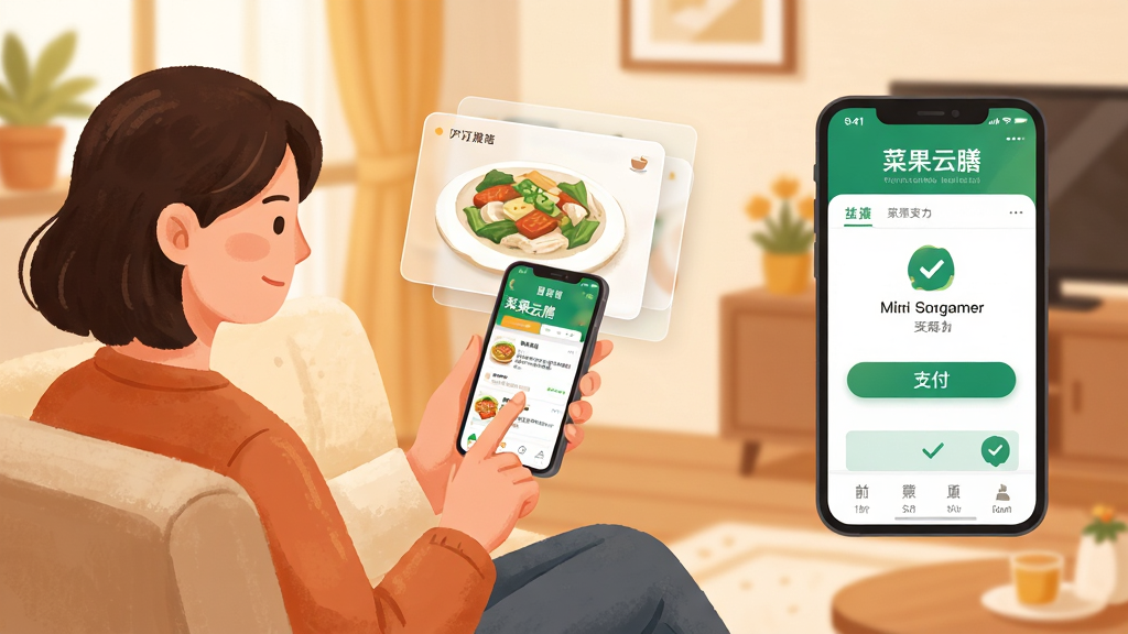 画面主体为一位家长坐在沙发上用手机操作订餐界面,旁边浮现半透明的菜谱卡片与支付成功标识;布局为左右分栏,左侧人物右侧界面元素;排版层次分明,风格为温暖生活化插画;细节上手机屏幕显示“菜果云膳”订餐页面,背景有家居环境元素;画质清晰、画面干净、无多余元素