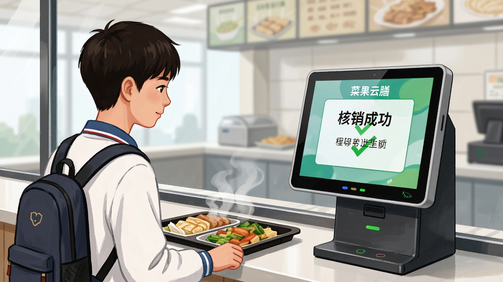 画面主体为一名学生站在食堂窗口前面对识别设备,屏幕上显示核销成功提示;布局为人物居左、设备居右,背景为食堂取餐台;排版简洁明快,风格为校园写实插画;细节上设备屏幕可见“菜果云膳”标识与绿色对勾,餐盘中有热气腾腾的饭菜;画质高清、画面干净、无多余元素