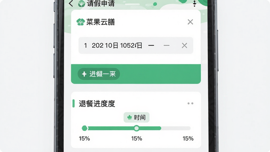 画面主体为手机屏幕特写,显示请假申请表单与退餐进度时间轴;布局为竖向卡片式排列,表单在上、进度在下;排版清晰规整,风格为扁平化UI插画;细节上表单内可见“菜果云膳”字样与日期选择器,进度条为绿色;画质高清、画面干净、无多余元素
