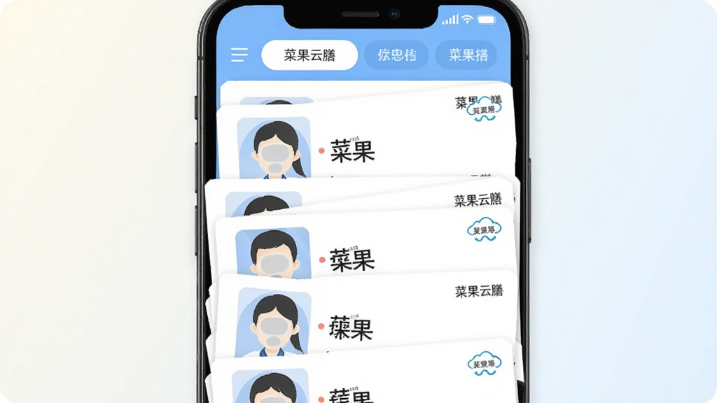 画面主体为一部手机屏幕展示多张学生信息卡片叠放排列,每张卡片带有头像与姓名占位;布局为纵向卡片堆叠,顶部有切换标签;排版整齐有序,风格为清爽卡片式插画;细节上卡片角落标注“菜果云膳”图标,背景为浅色渐变;画质清晰、画面干净、无多余元素