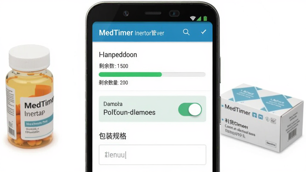 主体为安卓手机界面截图风格,屏幕显示MedTimer库存管理页面,上方为药品名称与剩余数量进度条,下方为补货提醒开关与包装规格输入框,旁边放置药瓶与药盒作为装饰元素,风格为简约健康类应用展示,画质高清,干净,无多余元素