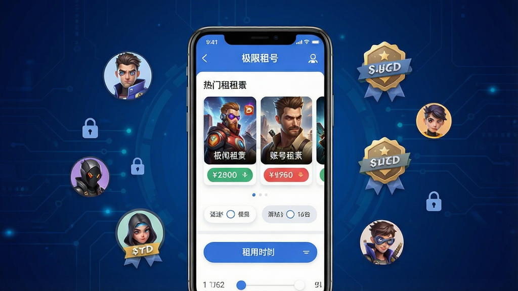 一张展示手机游戏账号租赁平台界面的场景图,画面中央是一部竖屏智能手机,屏幕上显示着极限租号的应用主界面,界面中包含热门游戏封面卡片、账号租赁价格标签和筛选按钮,手机周围漂浮着多个游戏角色头像与账号等级徽章,背景为深蓝色渐变科技风格,布局简洁清晰,风格现代扁平化,细节包括账号安全锁图标和租用时长选择器,画质高清,干净,无多余元素