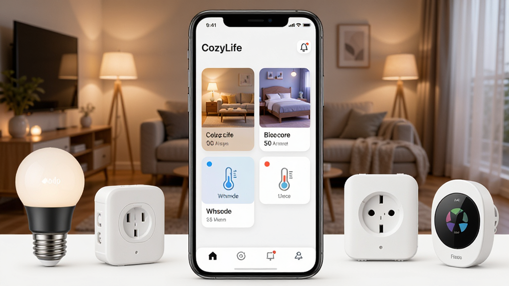 画面中央放置一部智能手机,手机屏幕上显示 CozyLife 应用主界面,界面中包含客厅灯光、卧室插座、温湿度传感器等设备卡片,手机周围环绕着智能灯泡、智能插座、智能传感器等产品实物,背景为温馨的现代家居客厅环境,暖色调灯光氛围,整体采用写实产品摄影风格,构图居中对称,细节清晰,画质细腻干净,无多余元素
