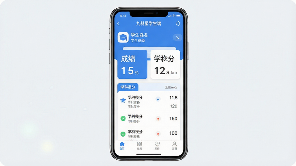 一张手机应用界面展示图,画面中央是一部竖屏智能手机,屏幕上显示“九科星学生端”的首页布局,顶部有学生姓名与班级信息,中部为成绩卡片与学科得分列表,底部为功能导航栏;整体采用蓝白配色,风格清爽简洁,排版规整,细节清晰,画质干净,无多余元素