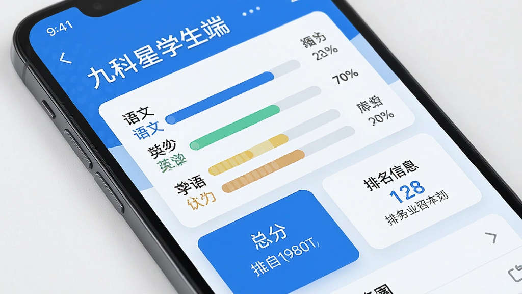 一张手机屏幕特写图,画面中显示“九科星学生端”的成绩报告页面,包含语文数学英语等学科分数条、总分卡片与排名信息,页面以蓝色为主色调,布局整齐,风格现代简洁,细节清晰,画质干净,无多余元素