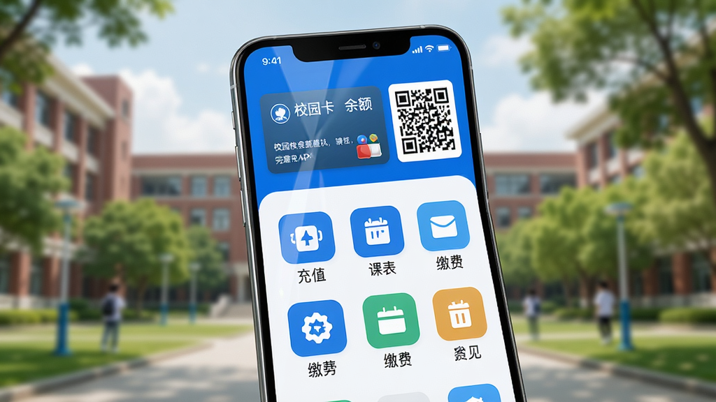 ��������Ϊһ�������ֻ�����Ļ������ʾ����У԰APP�����棬�������������ɫ���Ϸ���У԰��������ά�������в�Ϊ����ͼ����󣬰�����ֵ���α����ɷѵ���ڣ�����Ϊ�黯�Ĵ�ѧУ԰��ѧ¥�����������ֲ��þ��й�ͼ���ֻ���΢��бչʾ��Ļϸ�ڣ����Ϊ����дʵ�Ƽ��磬ϸ������Ļ����΢���⣬ͼ����������������Ϊ����4K������ɾ��޶���Ԫ��