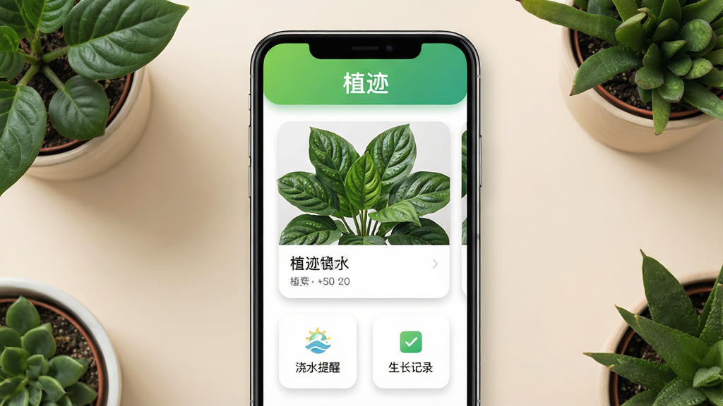 植迹软件主界面展示,画面中央一部智能手机竖屏显示植物识别结果页面,页面顶部为绿色渐变标题栏写有