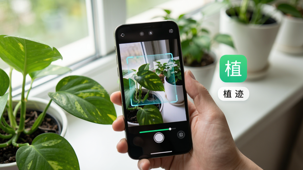 植迹拍照识别功能展示,画面为一只手握着手机对准窗台上的绿萝叶片拍摄,手机屏幕上出现扫描框与识别进度条,屏幕旁边悬浮显示