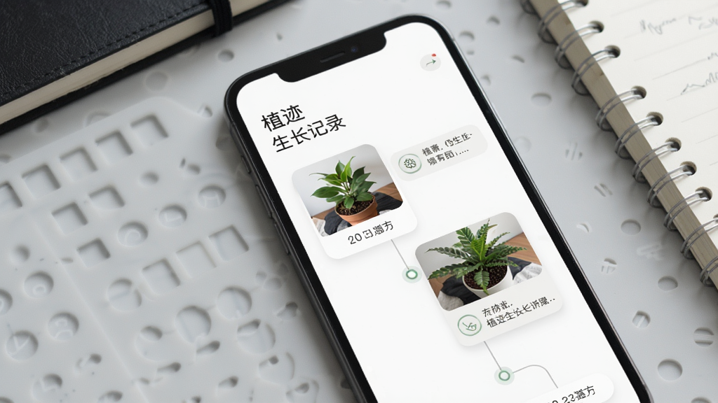植迹生长记录页面展示,画面为手机屏幕特写,屏幕内显示时间轴排列的三张植物照片与文字备注,顶部写有